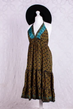 Cherry Mini Halter Dress - Navy & Yellow Gold Vintage Sari (Free Size)
