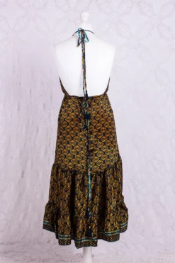 Cherry Mini Halter Dress - Navy & Yellow Gold Vintage Sari (Free Size) -Woviqueen Sales IMG 4925 scaled