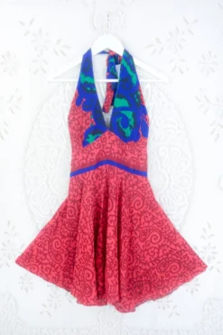 Sydney Mini Halter Dress - Rose Red Paisley Vines - Vintage Sari - S/M