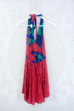 Sydney Mini Halter Dress - Rose Red Paisley Vines - Vintage Sari - S/M -Woviqueen Sales IMG 5206