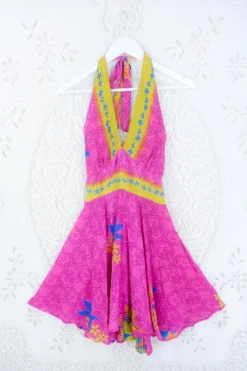 Sydney Mini Halter Dress - Fiery Pink Tropical Floral - Vintage Sari - S