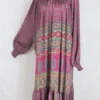 Mona Maxi Dress - Vintage Indian Sari - Magenta Pink & Sage - Free Size