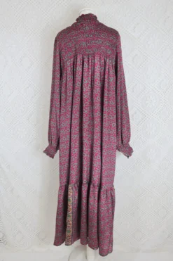 Mona Maxi Dress - Vintage Indian Sari - Magenta Pink & Sage - Free Size -Woviqueen Sales IMG 5365b scaled