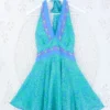 Sydney Mini Halter Dress - Seafoam & Sky Blue Floral - Vintage Sari - XXS
