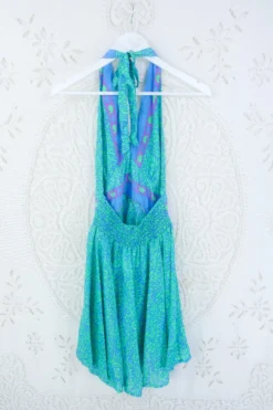 Sydney Mini Halter Dress - Seafoam & Sky Blue Floral - Vintage Sari - XXS -Woviqueen Sales IMG 5369