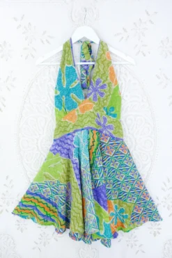 Sydney Mini Halter Dress - Safari Coral Floral - Vintage Sari - XS