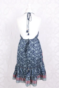 Cherry Mini Halter Dress - Indian Sari - Navy, Salmon & Fossil Floral -Woviqueen Sales IMG 5684 038226d7 85bf 413c addb a956decda93d scaled