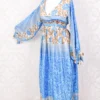 Rosemary Maxi Dress - Vintage Indian Sari - Summer Ocean & Beige Floral - S/M