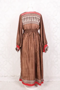 Rosemary Maxi Dress - Vintage Indian Sari - Hazelnut & Red Floral Paisley - S/M -Woviqueen Sales IMG 5913 07219115 52d1 4c1e ae81 80db28e675a6 scaled