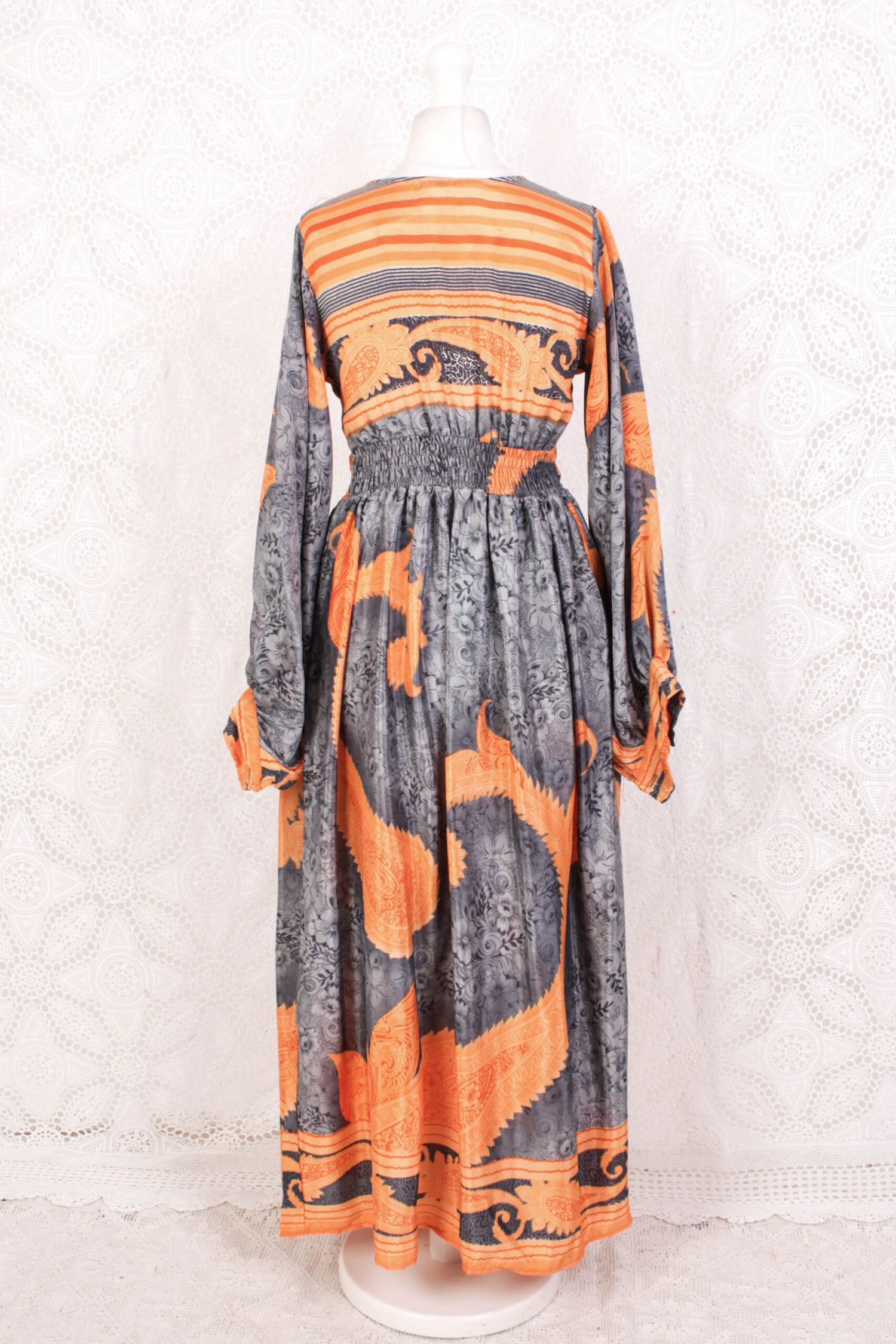 Rosemary Maxi Dress - Vintage Indian Sari - Dark Silver & Orange Florals - S/M 4 Rosemary Maxi Dress - Vintage Indian Sari - Dark Silver & Orange Florals - S/M - Image 4