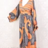 Rosemary Maxi Dress - Vintage Indian Sari - Dark Silver & Orange Florals - S/M
