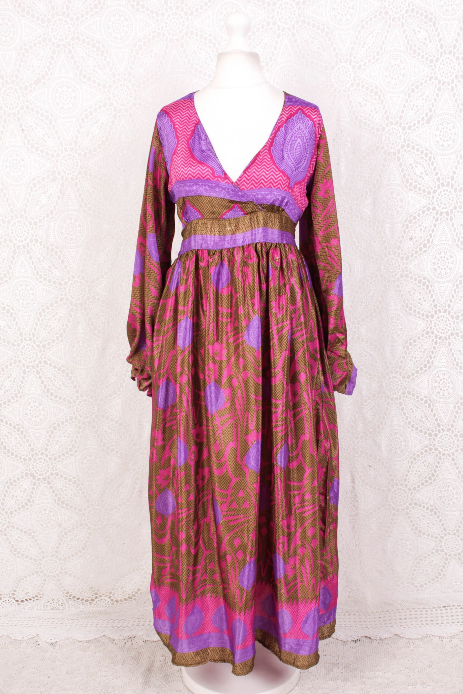 Rosemary Maxi Dress - Vintage Indian Sari - Bronze, Pink & Purple - S/M 2 Rosemary Maxi Dress - Vintage Indian Sari - Bronze, Pink & Purple - S/M - Image 2