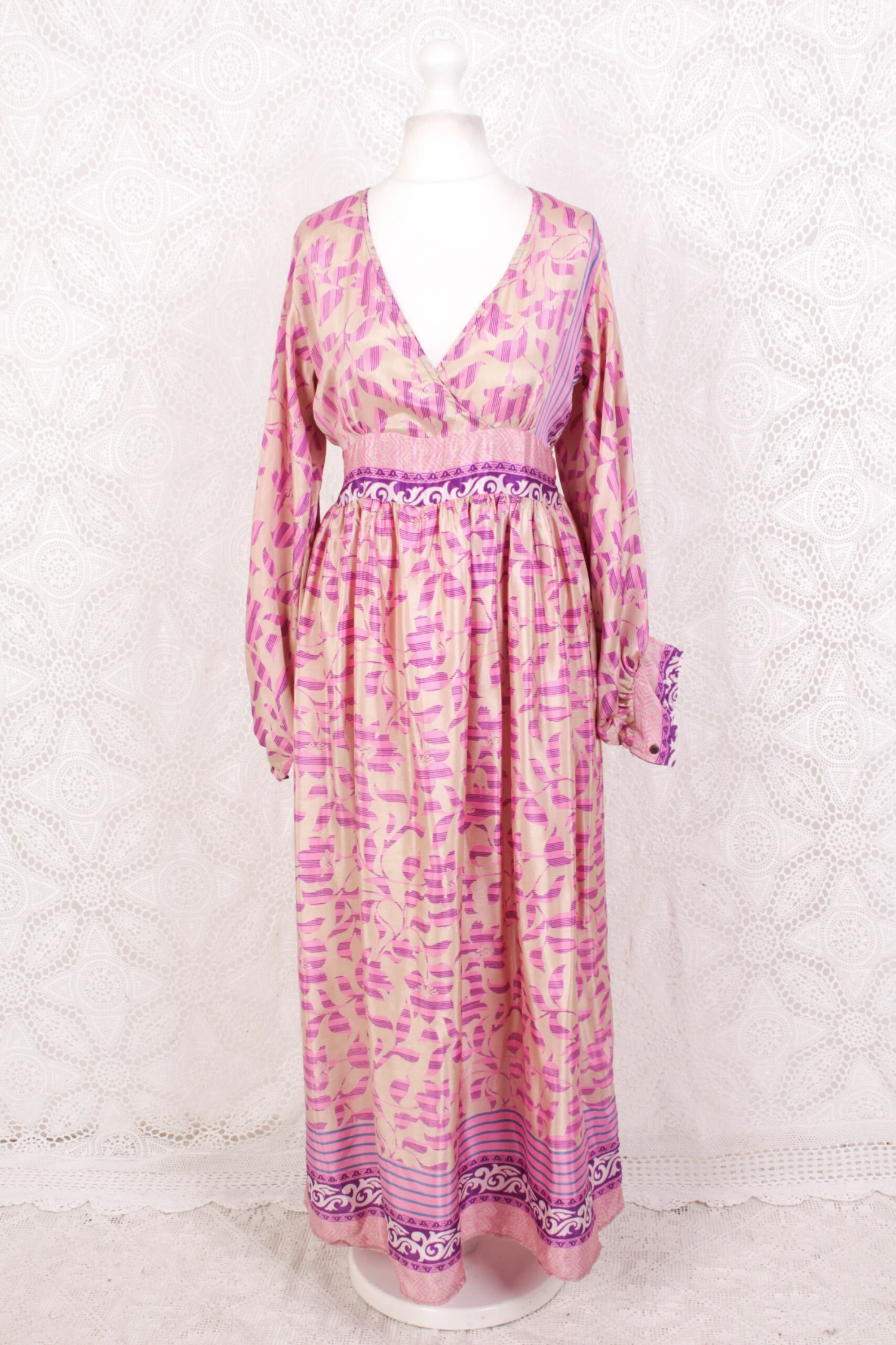 Rosemary Maxi Dress - Vintage Indian Sari - Shea Butter & Pink Floral - S/M 2 Rosemary Maxi Dress - Vintage Indian Sari - Shea Butter & Pink Floral - S/M - Image 2