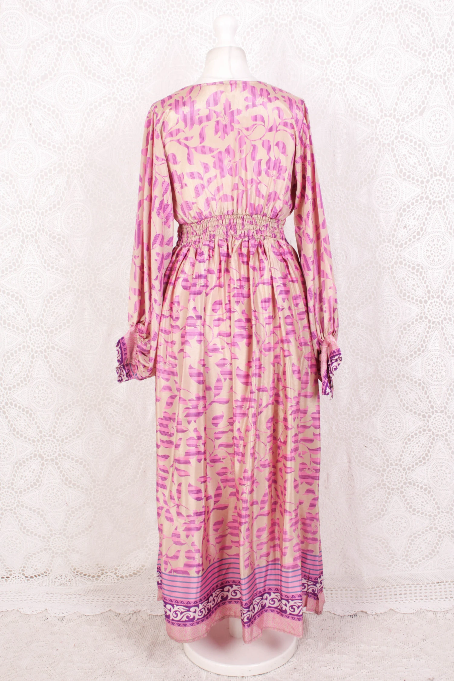 Rosemary Maxi Dress - Vintage Indian Sari - Shea Butter & Pink Floral - S/M 4 Rosemary Maxi Dress - Vintage Indian Sari - Shea Butter & Pink Floral - S/M - Image 4