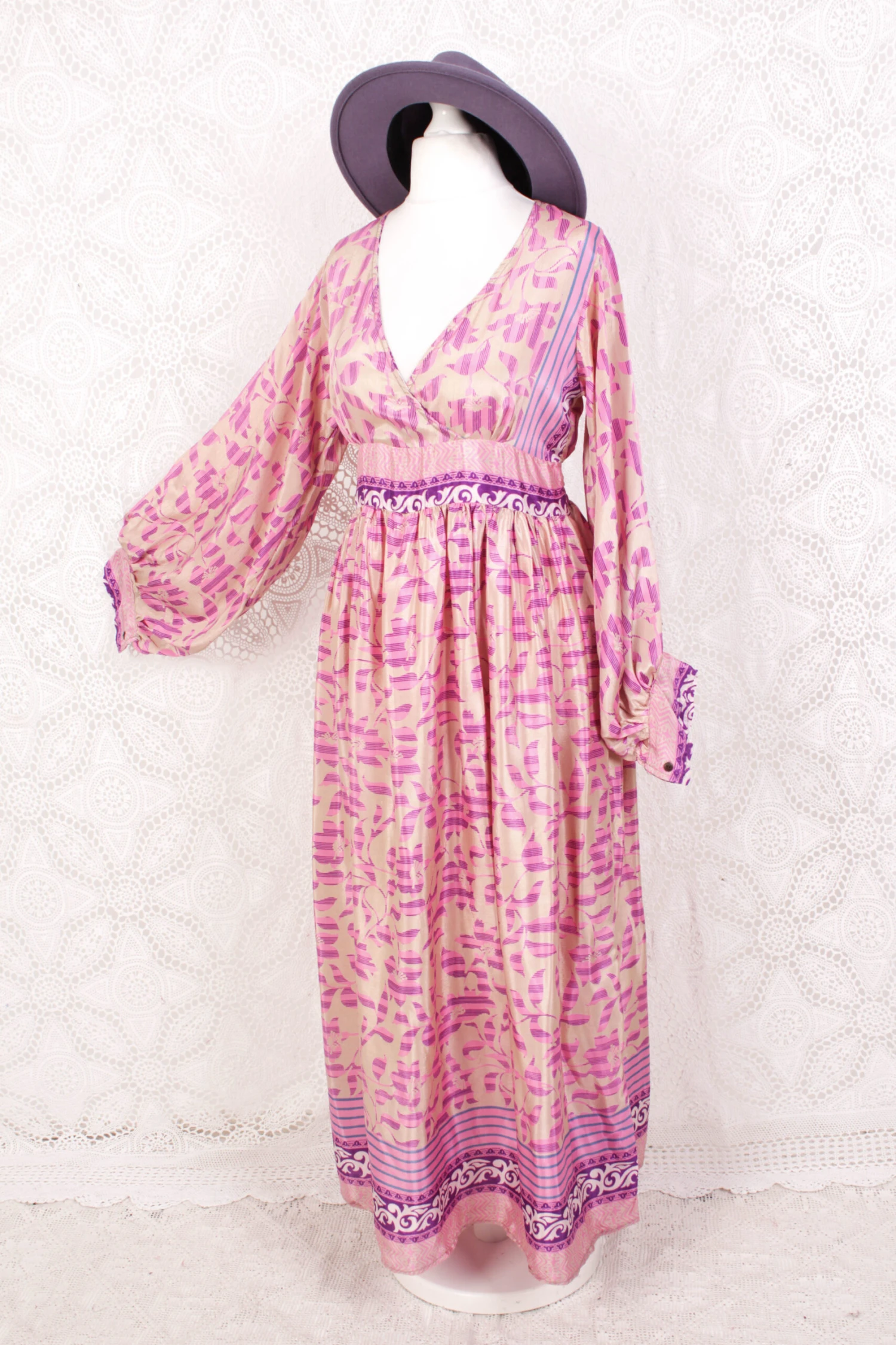 Rosemary Maxi Dress - Vintage Indian Sari - Shea Butter & Pink Floral - S/M 1 Rosemary Maxi Dress - Vintage Indian Sari - Shea Butter & Pink Floral - S/M