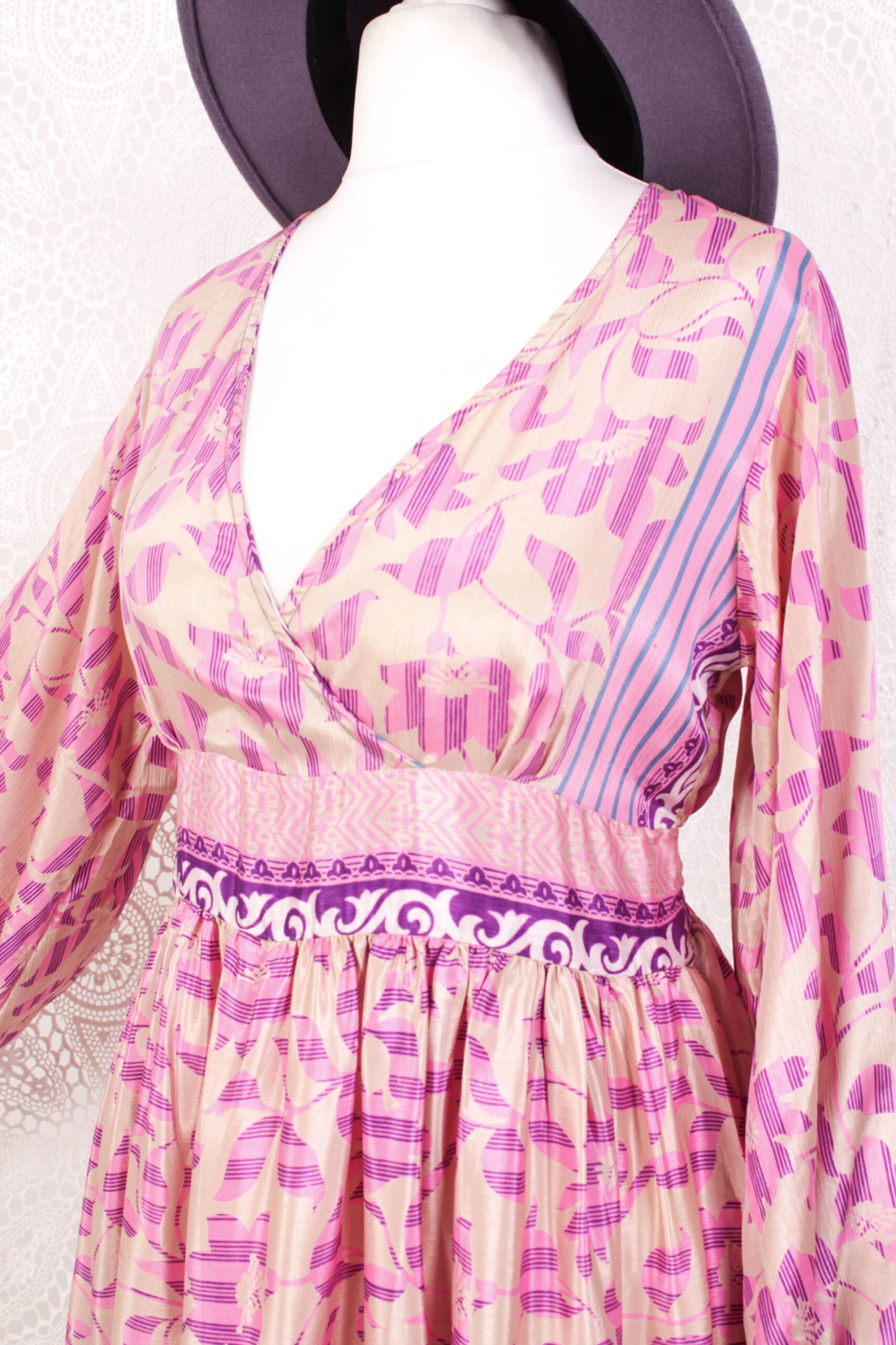 Rosemary Maxi Dress - Vintage Indian Sari - Shea Butter & Pink Floral - S/M 3 Rosemary Maxi Dress - Vintage Indian Sari - Shea Butter & Pink Floral - S/M - Image 3