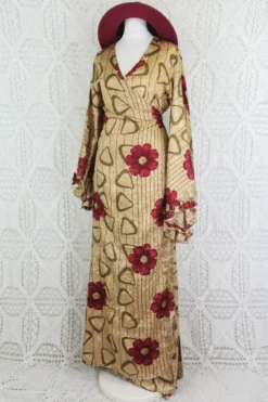 Venus Maxi Wrap Dress - Parchment & Ruby Floral Shimmer - Vintage Indian Sari - XS - S/M -Woviqueen Sales IMG 6187 3