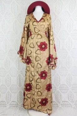 Venus Maxi Wrap Dress - Parchment & Ruby Floral Shimmer - Vintage Indian Sari - XS - S/M -Woviqueen Sales IMG 6191 2