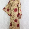Venus Maxi Wrap Dress - Parchment & Ruby Floral Shimmer - Vintage Indian Sari - XS - S/M