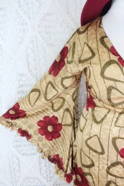 Venus Maxi Wrap Dress - Parchment & Ruby Floral Shimmer - Vintage Indian Sari - XS - S/M -Woviqueen Sales IMG 6195 2