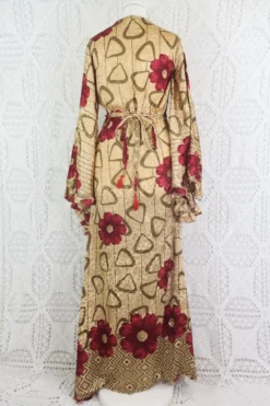 Venus Maxi Wrap Dress - Parchment & Ruby Floral Shimmer - Vintage Indian Sari - XS - S/M -Woviqueen Sales IMG 6198 2