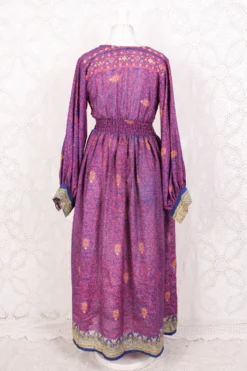 Rosemary Maxi Dress - Vintage Indian Sari - Steely Blue & Electric Coral Floral Paisley - XS/S -Woviqueen Sales IMG 6239 90f5657a 05b7 406d 8433 9887a5351cc2 scaled