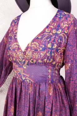 Rosemary Maxi Dress - Vintage Indian Sari - Steely Blue & Electric Coral Floral Paisley - XS/S -Woviqueen Sales IMG 6242 f9cb3b1d da78 4907 b393 a47828443dbc scaled