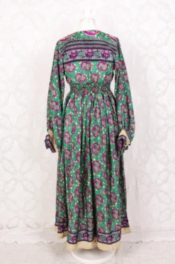 Rosemary Maxi Dress - Vintage Indian Sari - Emerald & Magenta Peacock Illustrations - XS/S -Woviqueen Sales IMG 6258 8b19e4b2 e41e 41f2 97b2 fb6b1d3c81a0 scaled