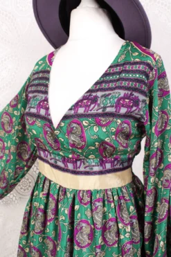 Rosemary Maxi Dress - Vintage Indian Sari - Emerald & Magenta Peacock Illustrations - XS/S -Woviqueen Sales IMG 6262 1914955c c10c 4657 8f25 9012d7d67094 scaled