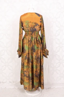 Rosemary Maxi Dress - Vintage Indian Sari - Mustard, Slate & Green Abstract -XS/S -Woviqueen Sales IMG 6275 1d9eea2f fc1c 4f5c a666 a1f6ffc6d433 scaled
