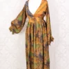 Rosemary Maxi Dress - Vintage Indian Sari - Mustard, Slate & Green Abstract -XS/S