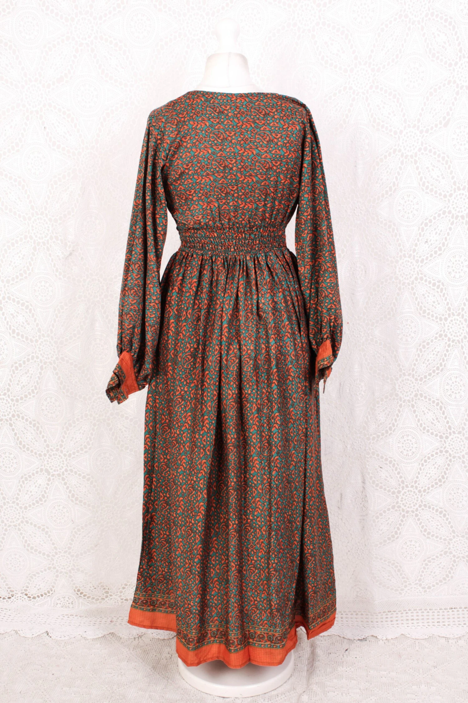 Rosemary Maxi Dress - Vintage Indian Sari - Jade & Cantaloupe Floral Paisley - XS/S 4 Rosemary Maxi Dress - Vintage Indian Sari - Jade & Cantaloupe Floral Paisley - XS/S - Image 4