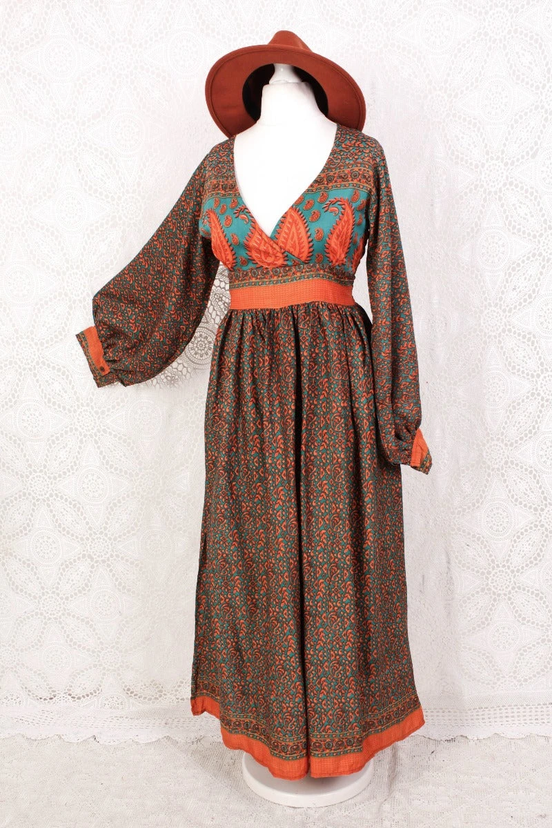 Rosemary Maxi Dress - Vintage Indian Sari - Jade & Cantaloupe Floral Paisley - XS/S 1 Rosemary Maxi Dress - Vintage Indian Sari - Jade & Cantaloupe Floral Paisley - XS/S
