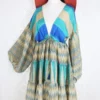 Gypsophila Mini Dress - Vintage Indian Sari - Gold & Sea Blue Graphic - S/M