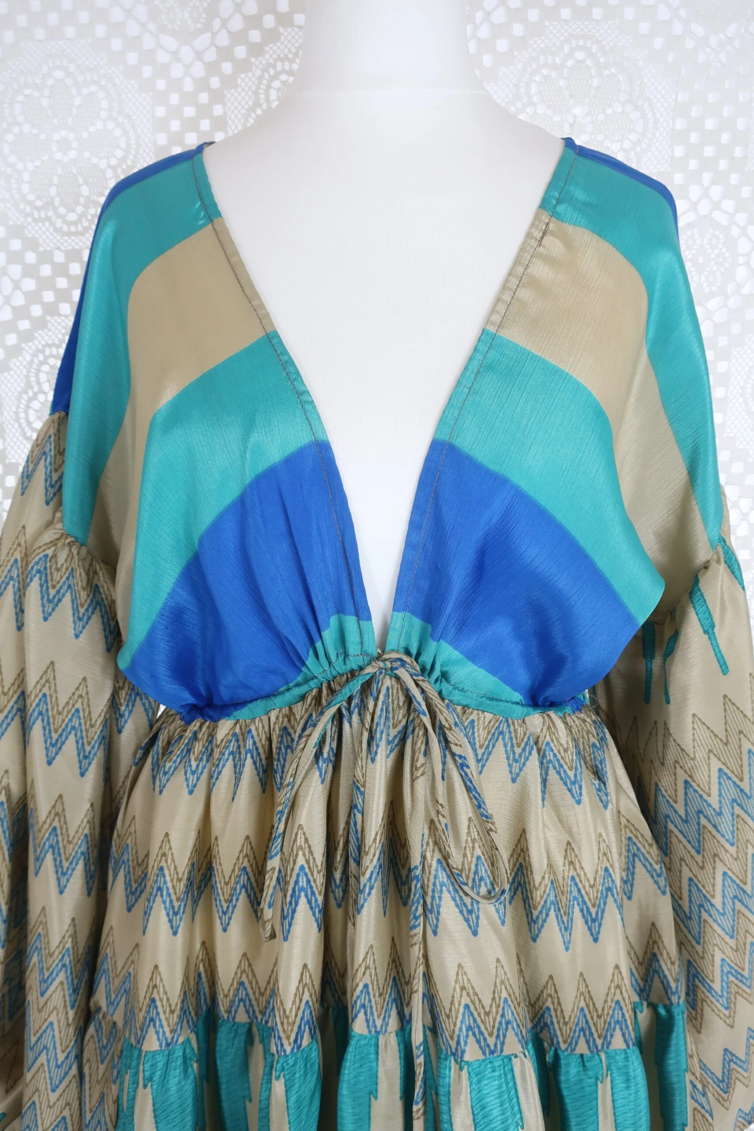 Gypsophila Mini Dress - Vintage Indian Sari - Gold & Sea Blue Graphic - S/M 2 Gypsophila Mini Dress - Vintage Indian Sari - Gold & Sea Blue Graphic - S/M - Image 2