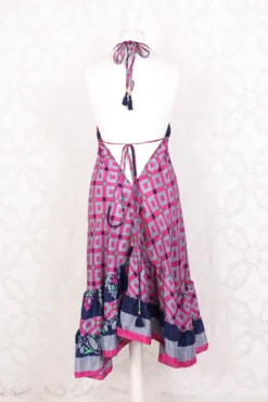 Blossom Mini Halter Dress - Vintage Indian Sari - Moonlight, Inky Blue & Pink Graphic - XL -Woviqueen Sales IMG 6467 42045579 7378 4840 a162 c4cedb4027e7 scaled