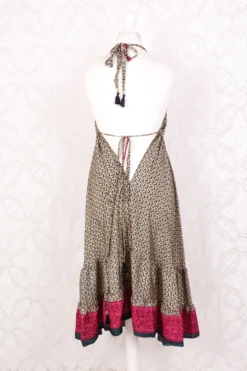 Blossom Mini Halter Dress - Vintage Indian Sari - Sand, Indigo & Pink Graphic - XL -Woviqueen Sales IMG 6502 c34548ef c420 4ce5 b56b 0fa04c86541f scaled