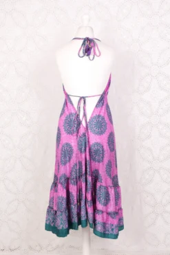 Blossom Mini Halter Dress - Vintage Indian Sari - Pink Rose & Teal Floral Motif - XL -Woviqueen Sales IMG 6510 fe7ed65b af76 4874 8abf 68b13a49b917 scaled