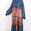 Mona Maxi Dress - Vintage Indian Sari - Violet, Turquoise & Peach Nouveau - Free Size