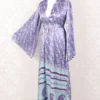 Stevie Maxi Dress - Vintage Indian Sari - Icy Blue & Violet Floral Shimmer - XS