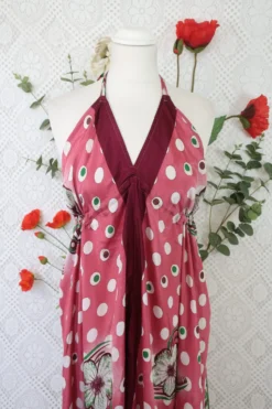 Medusa Halter Dress - Vintage Indian Sari - Rouge Blush & Aubergine Floral (Free Size) -Woviqueen Sales IMG 7660 scaled