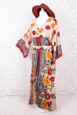 Jasmine Maxi Dress - Cherry, Prussian, & Mustard Floral Vintage Sari - Size S/M