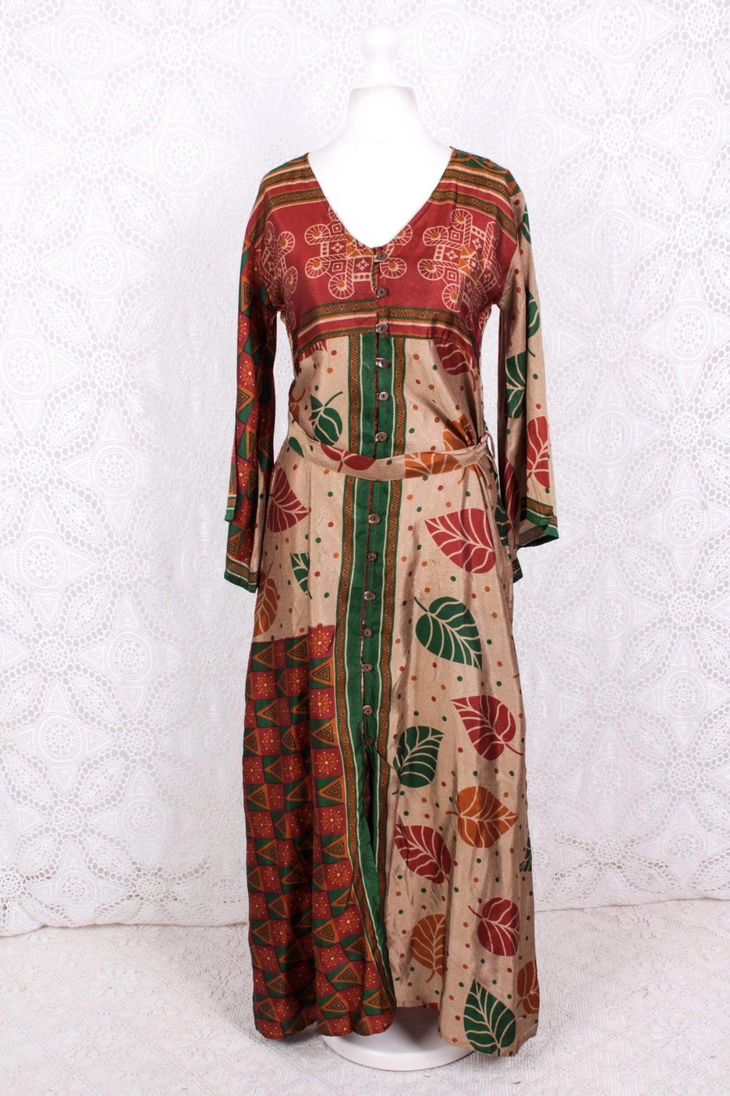 Jasmine Maxi Dress - Forest, Antique Silver & Terracotta Leaf Vintage Sari - Size S/M 2 Jasmine Maxi Dress - Forest, Antique Silver & Terracotta Leaf Vintage Sari - Size S/M - Image 2