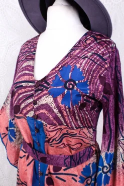 Jasmine Maxi Dress - Plum, Salmon & Azure Floral Ripple Vintage Sari - Size S/M -Woviqueen Sales IMG 8763 969db7eb fe85 4e37 85e4 6e422458c466 scaled