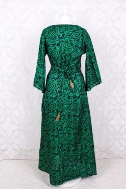 Jasmine Maxi Dress - Bright Emerald, Navy & Fuchsia Paisley Vintage Sari - Size S/M -Woviqueen Sales IMG 8793 bd40c8b7 2c65 4815 b75a 24c5a113fdbf scaled
