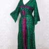 Jasmine Maxi Dress - Bright Emerald, Navy & Fuchsia Paisley Vintage Sari - Size S/M