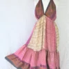 Cherry Midi Dress - Vintage Indian Sari - Pink & Earth Toned Patchwork - Free Size S/M