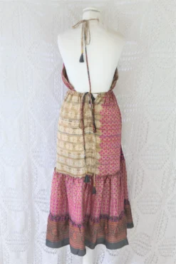 Cherry Midi Dress - Vintage Indian Sari - Pink & Earth Toned Patchwork - Free Size S/M -Woviqueen Sales IMG 9739 2 scaled