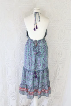 Cherry Midi Dress - Vintage Indian Sari - Seafoam, Sienna & Violet Tile Print - Free Size -Woviqueen Sales IMG 9755 2 scaled