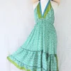 Cherry Midi Dress - Vintage Indian Sari - Sea Green & Lime Tile Print - Free Size